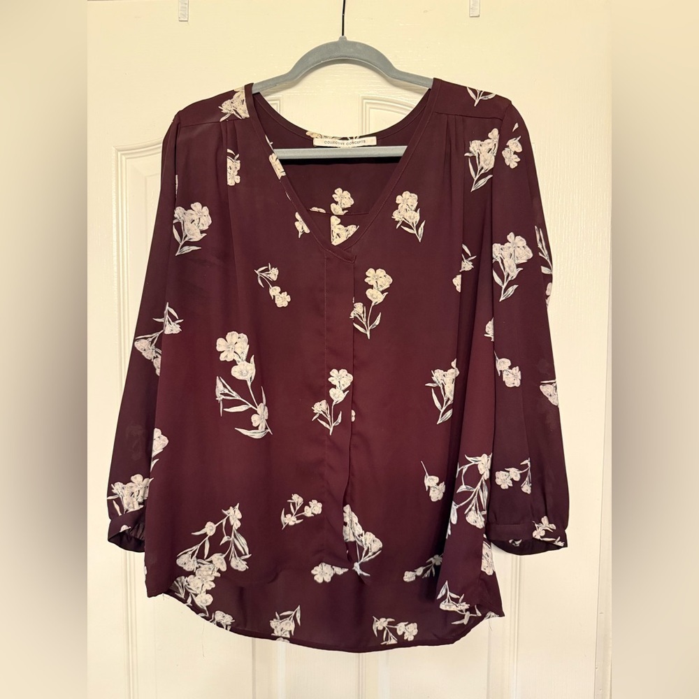Collective Concepts Merlot Floral Blouse Sheer V-Neck Burgundy XL EUC - Picture 8 of 16
